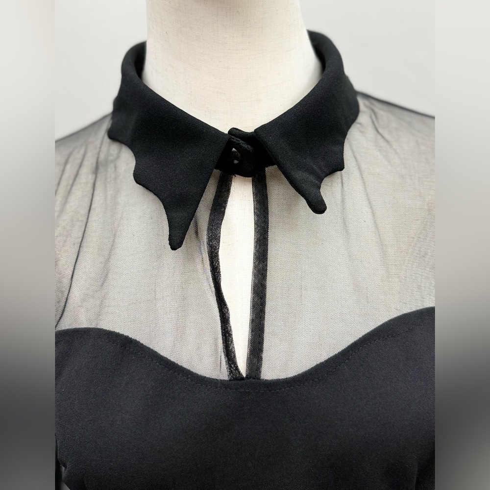 Black Sheer Mesh Collar Dress Women Size M Polyester Spandex Fit & Flare - Picture 5 of 14